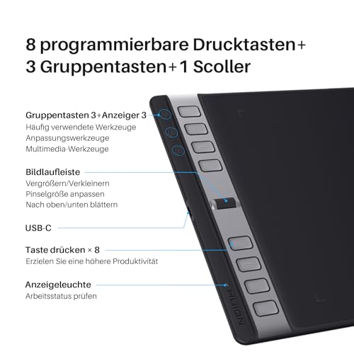 HUION Inspiroy 2 L Grafiktabletts, Tragbares Zeichentablett mit 8192 Stufen batterielosem...