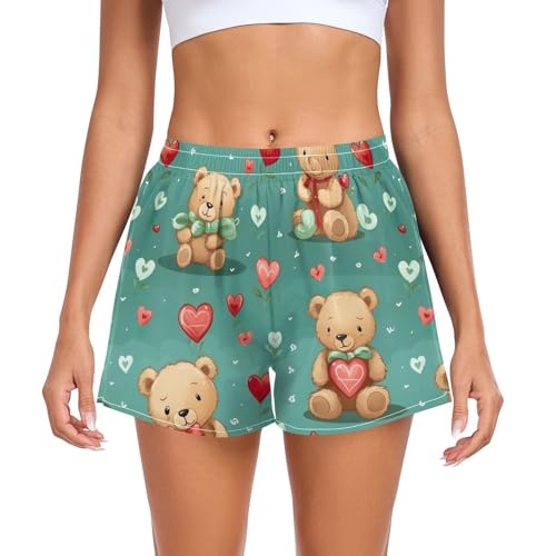 Women Athletic Shorts Pink Teddy Bear Rose Love Valentine's Day Running Shorts for Women 2XL 202a6103