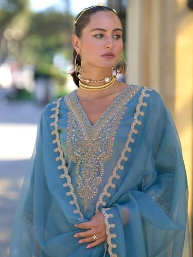 Image of INDO ERA Women's Silk Blend Embroidered Straight Kurta and Pant with Dupatta Set (KH9BK6210)