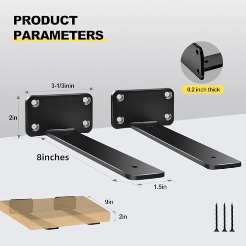 image for MHMYDZ 12 Pack - 8 inch Black Hidden L Shelf Bracket (1/5 Inch Thicked