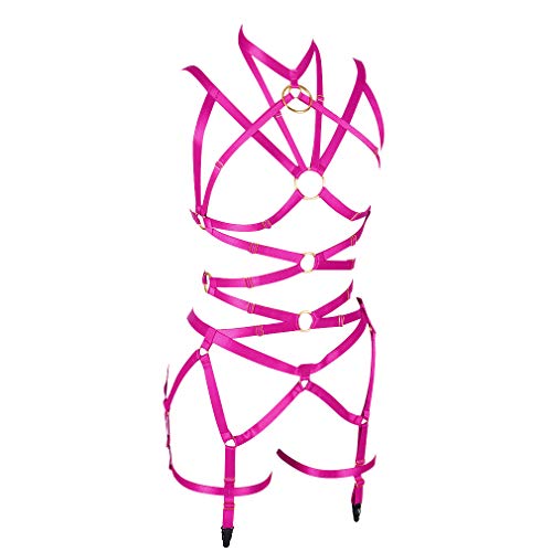 Women's Punk Harness Body Full Strappy Waist Belts EDC Dance Rave Wear (Rose Red)