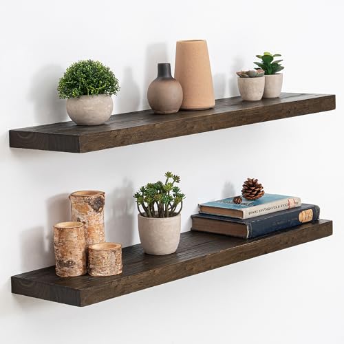 Image of Acovy Extra Deep 32 inch Long Rustic Solid Wood Floating Shelves for Wall, Wall Shelves with Invisible Bracket for Living Room Bathroom Bedroom Kitchen, Set of 2, Walnut