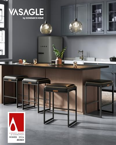 Image of VASAGLE EKHO Collection - Bar Stools Set of 4, Counter Height Bar Stools, Synthetic Leather with Stitching, Mid-Century Modern Counter Stools, 26-Inch Tall, Kichen Home Bar Dining Room, Ink Black