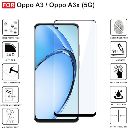 Image of CEDO Tempered Glass for Oppo A3x / A3 (5G) | Screen Protector Full HD Quality Tempered Glass Anti-Scratch Edge to Edge Coverage with Easy Installation Kit (Black)