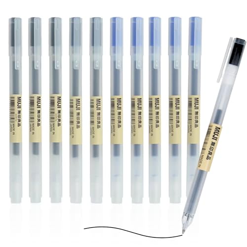 Muji Smooth Gel Ink Ball Point Pen - 10 Pcs Set Black & Blue - 0.5mm Fine Tip Point, Smooth Writing Pens