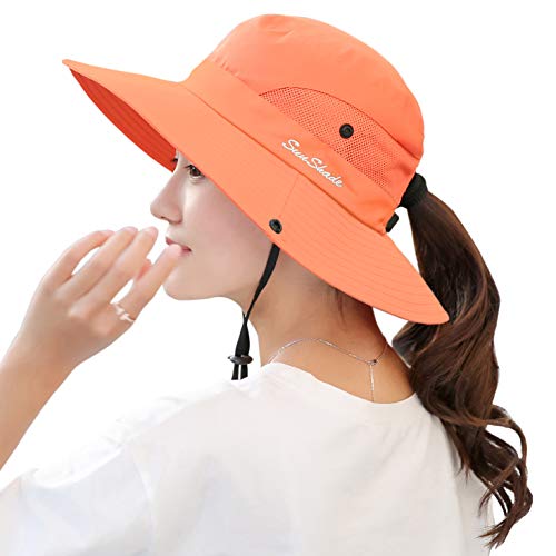 Womens Summer Mesh Wide Brim Sun UV Protection Hat with Ponytail Hole