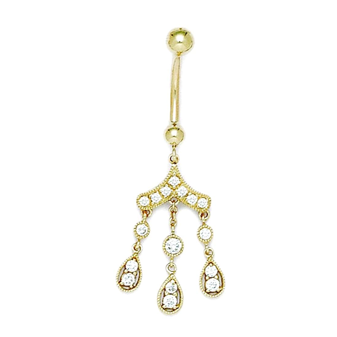 Bauchnabelring aus 14 Karat Gelbgold, Zirkonia, künstlicher Diamant, 14 Gauge, baumelnder Körperschmuck, Maße: 44 x 17 mm, Schmuckgeschenk für Frauen, Metall, Zirkonia
