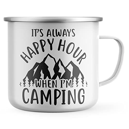 Purple Print House Happy Hour - Taza esmaltada para acampar, regalos divertidos de camping para hombres, idea de regalo de cumpleaños para papás, taza de café de metal, talla única, color blanco Cover