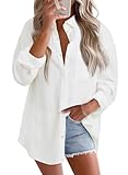 Astylish Womens Lightweight Loose Fit Flowy Tunic Tops Office Casual Spring Summer Linen Cotton Gauze Button Up Shirts Roll Up Long Sleeve V Neck Camp Trendy Soft Cute Simple Blouses White Small