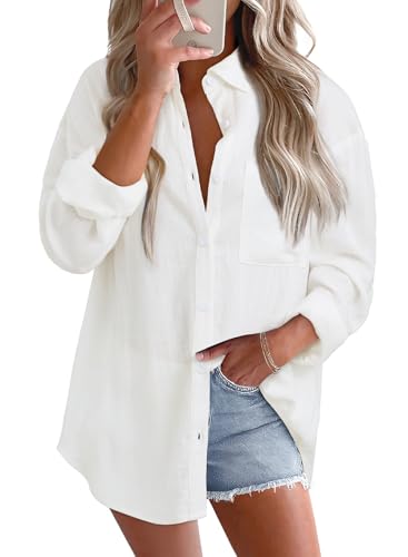 Astylish Women Plus Size Spring Clothes Business Casual Tops Summer Cotton Linen Button Down Shirts Oversized Roll Up Long Sleeve V Neck Breathable Soft Classic Blouses Beach Vacation White X-Large