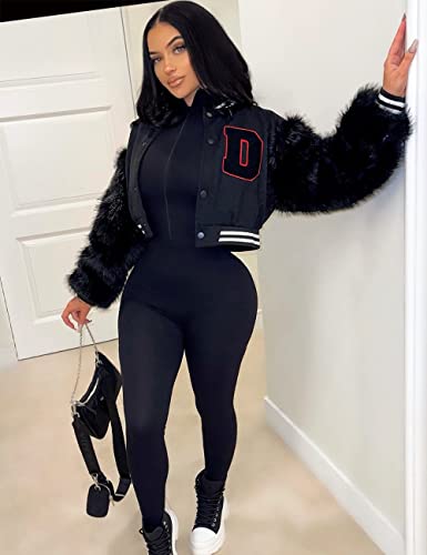 KANSOON Varsity Jacket Women Faux Fur Sleeve Cropped Baseball Jacket Button Up Casual Patchwork Letterman Coat2