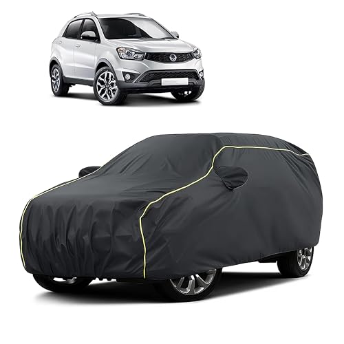 Image of Sulfar 100% Water Resistant Car Body Cover Compatible with Mirror for SsangYong Korando (Triple Stitched, Full Bottom Elastic, Dark Grey Taffeta with Yellow Piping)