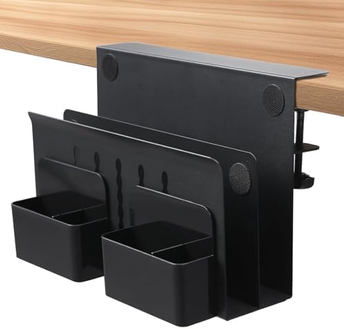 Desk Side Storage, Under Desk Laptop Mount, Table Side Hanging File Organizer Laptop Holder, No Drill Clamp On Cable Management Tray with 2 Magnetic Pen Holder for Office and Home, Load 22 Lbs