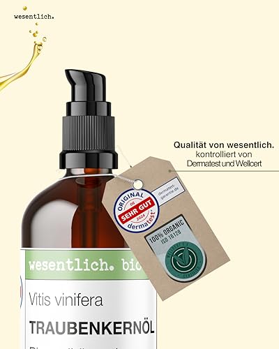 wesentlich. Bio Traubenkernöl kaltgepresst | naturreine Premium Pflege für Haut und Haare | lichtgeschützt und plastikfrei in 100ml Braunglasflasche