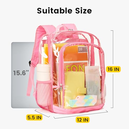 Image of Vorspack Clear Backpack for School, 16 inch Large Clear Bookbag - Pink | See Through Transparent Backpack for Girls Boys, 17L Large Capacity, PVC Materials, Padded Straps, Ideal for College, Work