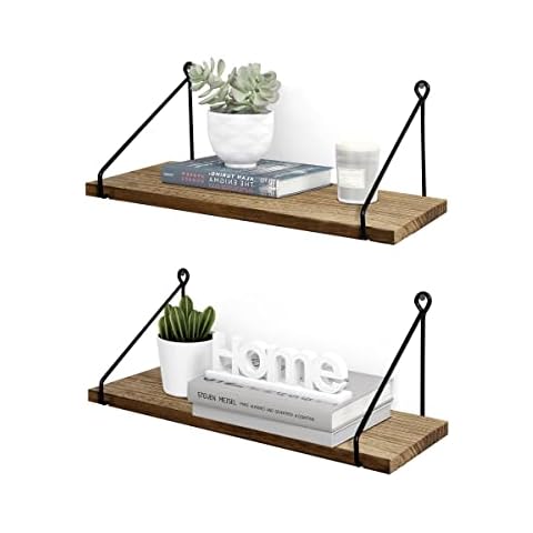 Afuly Rustic Floating Shelves Wooden for Wall Mounted with Metal Brackets Wood Storage Shelf for Bathroom Kitchen Bedroom Living Room Office Decorative Home Accessories, Set of 2 Cover