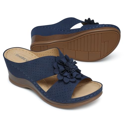 Image of SHIBEVER Womens Wedge Sandals Dressy: Arch Support Slip-On Comfortable Summer Sandals Open Toe Flower Casual Platform Shoes Size 5-11