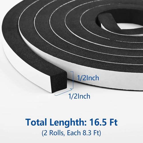 Image of Kikerike Self Adhesive Foam Tape Weatherstrip 1 /2In x 1 /2In x 16.5Ft High Density Foam Insulation Strips Seal Weather Stripping with Strong Adhesive for Door and Window Sound Isolation Soundproofing