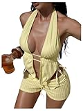 Verdusa Women's 3 Piece Textured Halter Bikini Set Boho Swimsuit with Cover Up Shorts Yellow X-Large