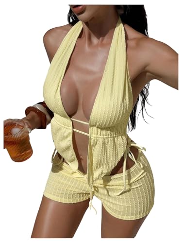 Verdusa Women's 3 Piece Textured Halter Bikini Set Boho Swimsuit with Cover Up Shorts Yellow X-Large