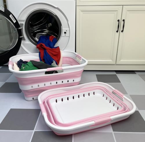 Image of SAMMART 42L (11 gallon) Collapsible Plastic Laundry Basket - Foldable Pop Up Storage Container /Organizer - Portable Basket - Space Saving Hamper /Basket (2, Wt /Cherry Pink)