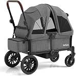 INFANS Wagon Stroller for 2 Kids, Collapsible Adjustable Push Pull Handle Bar, 2 Seater Stroller Wagon with Removable Canopy Snack Tray, Comfortable Drop-Down footwell and Upholstered Seats (Grey)