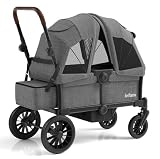 INFANS Wagon Stroller for 2 Kids, Collapsible Adjustable Push Pull Handle Bar, 2 Seater Stroller Wagon with Removable Canopy Snack Tray, Comfortable Drop-Down footwell and Upholstered Seats