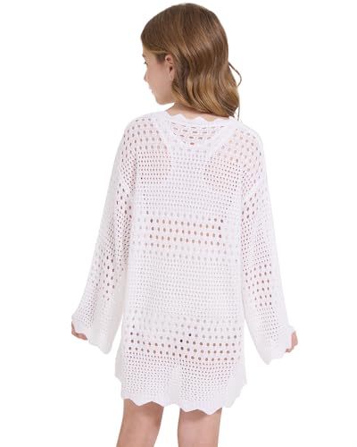 Image of WULFUL Girl's Crochet Long Sleeve Swimwear Cover Up Summer Beach Dress Swimsuit