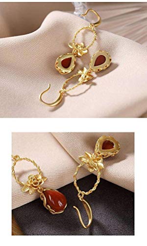 Pendientes de ágata roja estilo chino con peonía retro bañada en oro 5