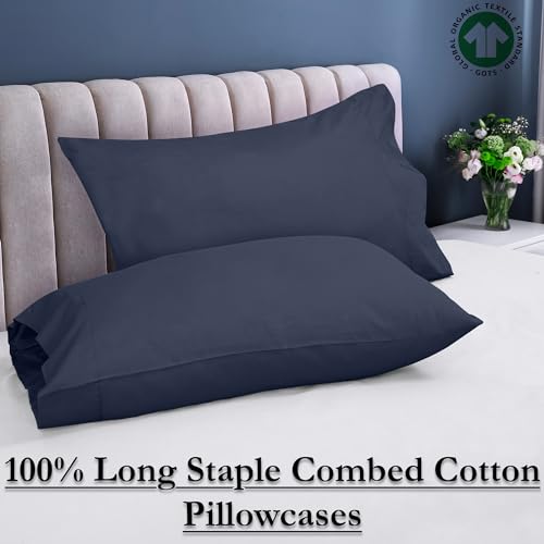 Image of ROYALE LINENS 300 Thread Count 100% Long Staple Combed Cotton Pillowcases Set of 2 - Ultra Soft - Standard Bed Pillow Cover - 20 inchx26 inch - Breathable, Cool & Crisp Percale Navy Pillow Cases (Std, Navy)