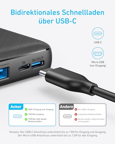 Anker portables Ladegerät, 325 Power Bank (PowerCore Essential 20K), 20.000mAh Akkupack mit PowerIQ-Technologie, USB-C-Eingang und -Ausgang für iPhone 15 Modelle, Galaxy S23, AirPods, und mehr – Bild 6