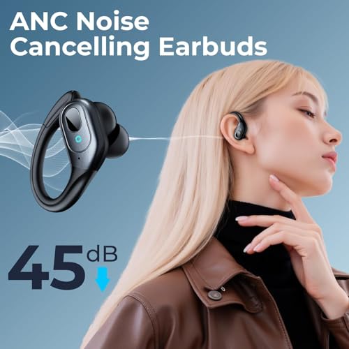 Image of occiam Active Noise Cancelling Earbuds Wireless Bluetooth Headphones | Ear Buds 90Hrs Playback Stereo Bass Earphones with Mic Over-Ear Hooks IPX7 Waterproof Headset for Sports Running Matte Black