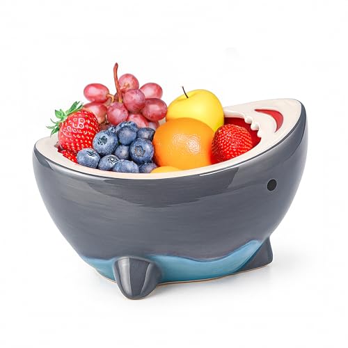 Shark Fruit Bowl for Kitchen Counter, 40 oz Large Decorative Bowls for Home Decor, Cute Key Bowl for Entryway Table, Handmade Ceramic Snack Candy Soup Salad Serving Bowls, Unique Funny Shark Gifts