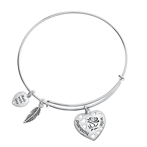Qina C. Plata de Ley Rosa Marido y Esposa con Plumas de corazón Encanto Pulsera Brazalete de Alambre Ajustable