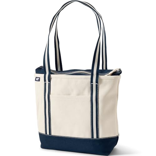 Image of Lands' End Natural Long Handle Zip Top Canvas Tote Natural /navy Stripe Medium Long Handle