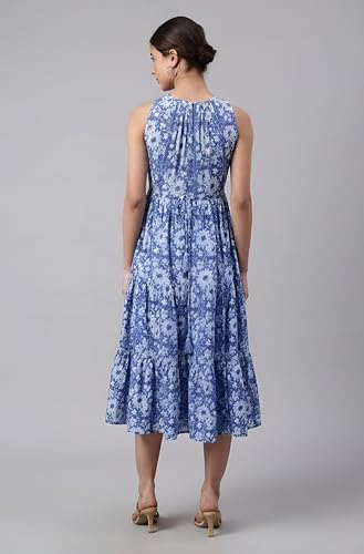 Image of Janasya Women's Blue Pure Cotton Floral Printed Tiered Dress
