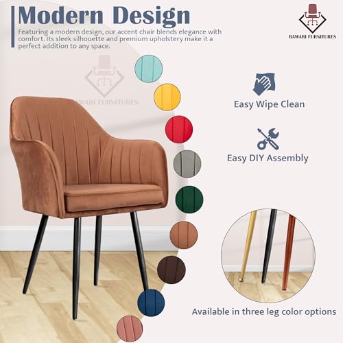 Image of Plush Dining Chair | Accent Chair for Living Room Bedroom Restuarant | Velvet Fabric & Thick Cushion Seat with Sturdy Glossy Metal Legs (Black Legs, Light Brown)