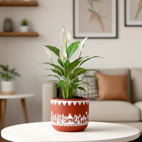 Image of Urban Plant Tribal Utsav Virasat Terracotta Pot with Drainage Hole (4.7 Inch) | Hand-Painted Ethnic Warli Design Planter | Ideal for Home Decor, Tabletop & Gifting