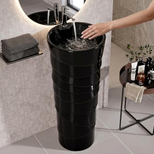 Image of Backline Ceramic Pedestal Wash Basin for Bathroom | Free Standing Pedestal Basin for Bathroom /Office /Living Room /Restaurant | Black Glossy Finish (38.5 X 38.5 X 86 Cm)(7 Years Glaze Warranty)