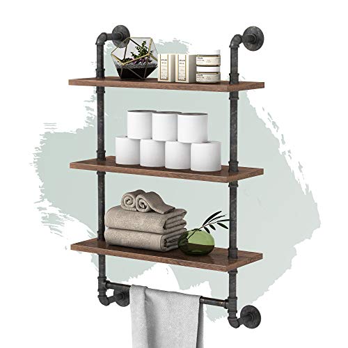 Cheapest 🛒 Industrial Pipe Shelving Wall Mount Rustic Bathroom Shelves with Towel Bar 24inch Metal Floating Shelves,Steampunk Real Wood Book Shelves, Display Wall Shelves for Storage
