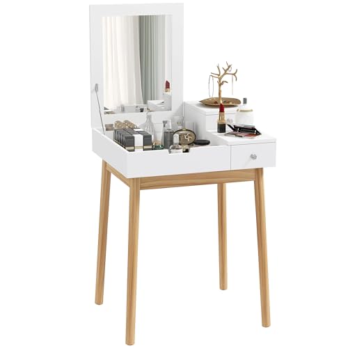 HOMCOM Coiffeuse avec Miroir Table de Maquillage Style Moderne - 2 tiroirs, Miroir Rabattable pour Chambre à Coucher, Salon, 60 x 50 x 85,5 cm Blanc