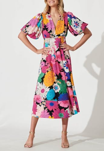 Image of Maxigerui Women's Summer Floral Maxi Dress Spring Wedding Guest Dress 2026 Rose Red Multi Floral L