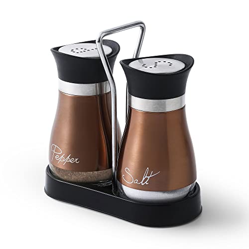 Salt and Pepper Shakers Set, Stainless Steel with Glass Bottle for Table, RV, Camp, BBQ, Set of 2, Copper
