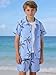Voxikidio 7 8 Years Boy's 2 Piece Outfits Hawaiian Vacation Beach Short Sleeve Button Down Shirt and Shorts Sets Fashion Clothing (Sea Blue,7-8Y)