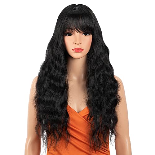 NOBLE STAR Long Black Wig with Bangs for Women 26 Inches Black Long Wavy Wig Heat Resistant Synthetic Wigs for Daily Party Cosplay Use 130% Density (Natural Black)