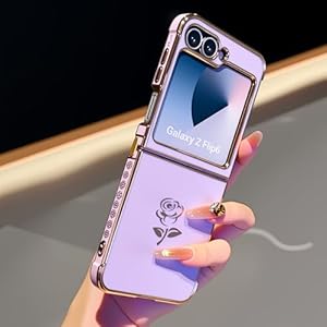 leobray Compatible with Samsung Galaxy Z Flip 5/Samsung Galaxy Z Flip 6 Case,Creative Rose Flower Floral Pattern Electroplated Design Soft TPU Shockproof Case Full Camera Lens Protective Cover-Purple