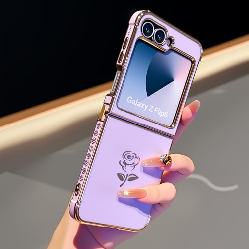 leobray Compatible with Samsung Galaxy Z Flip 5/Samsung Galaxy Z Flip 6 Case, Creative Rose Flower Floral Pattern Electroplated Design Soft TPU Shockproof Case Full Camera Lens Protective Cover-Purple
