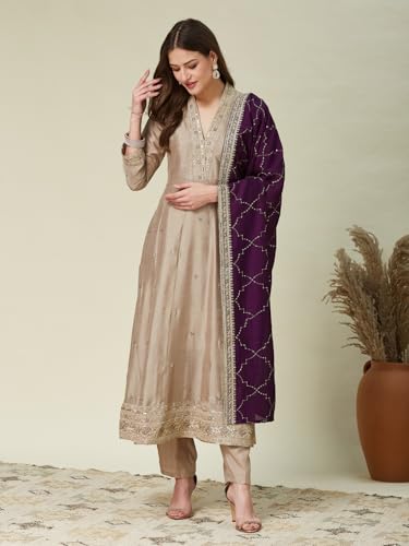 Image of MOKOSH Women's Silk Embroidery Anarkali Kurta Pant with Dupatta | Anarkali Kurta Set |Embroidered |V Neck Full Sleeve Ethnic Suit |3 Piece Outfit
