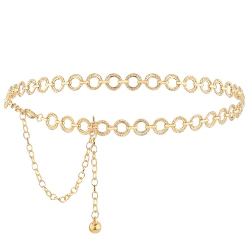 Western Metal Chain Belts, Gold Hollow Out O Ring Chain Belt Adjustable Boho Waist Chain Country Concert Outfit for Women Dress Jeans