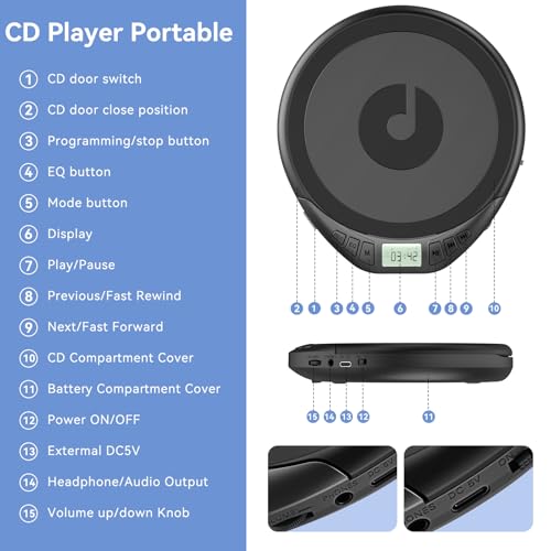 Image of Portable CD Player for Car: Kegaudio with Earphones Anti-Skip LCD Display Personal Disman Disc Player for Car & Sports Supports MP3 WMA PROG & Memory Function